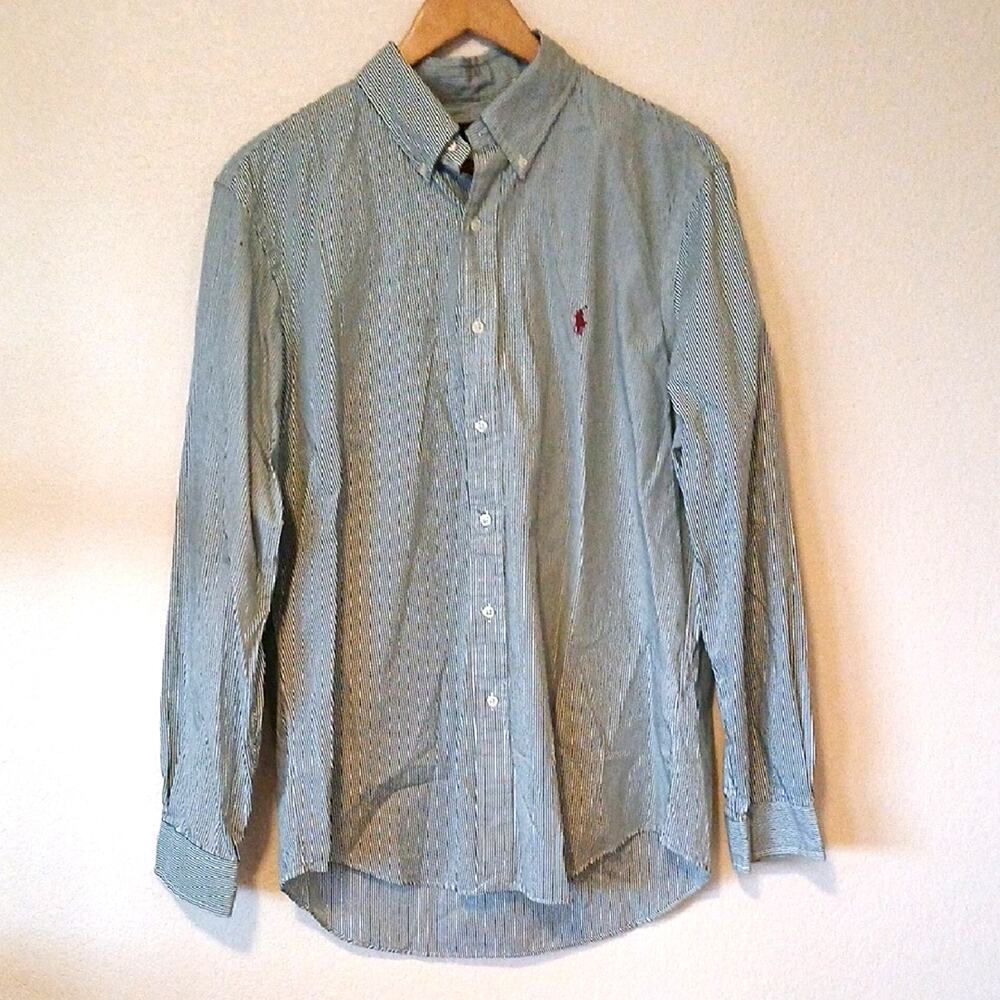 Ralph Lauren Blue Label Dark Green Pinstriped Button Up Dress Shirt